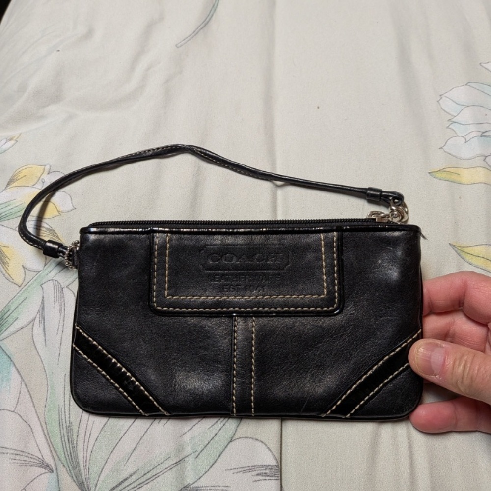 Coach Black Leather Wristlet with Contrast Stitching